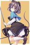  ahoge animal_ears bad_id bad_pixiv_id bloomers brown_eyes brown_hair dowsing_rod holding looking_at_viewer looking_back mouse_ears mouse_tail nazrin shoes short_hair solo tail touhou underwear yuzu-aki 
