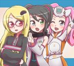  black_hair blonde_hair blue_eyes game_console glasses gloves hair_ornament komedaisuki long_hair multiple_girls one_eye_closed open_mouth personification pink_hair red_eyes sega_dreamcast sega_dreamcast_(sega_hard_girls) sega_hard_girls sega_mega_drive sega_mega_drive_(sega_hard_girls) sega_saturn sega_saturn_(sega_hard_girls) twintails 