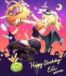  2014 ayase_eli bat_wings blonde_hair blue_eyes boots candy character_name checkerboard_cookie chiigo cookie crescent crescent_moon cursive dated food halloween happy_birthday hat highres jack-o'-lantern lollipop love_live! love_live!_school_idol_project moon one_eye_closed ponytail skirt smile solo swirl_lollipop thighhighs wings witch_hat 