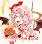  banned_artist bat_wings chair drink fangs food hamburger hat hat_ribbon kozou_(soumuden) lavender_hair mcdonald's mob_cap open_mouth puffy_sleeves red_eyes remilia_scarlet ribbon short_hair short_sleeves sitting smile solo touhou upper_body wings wrist_cuffs 