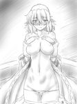  arm_warmers blush breast_squeeze breasts cleavage ear_blush frown greyscale large_breasts md5_mismatch mizuhashi_parsee monochrome navel nipples off_shoulder ootsuki_wataru panties panty_pull pointy_ears short_hair skirt skirt_pull solo touhou underwear 