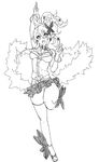  ankle_wings arm_up bangle bracelet breasts crown disgaea earrings eu03 feather_boa full_body greyscale hair_ornament jewelry jumping large_breasts makai_senki_disgaea_5 microskirt monochrome pointy_ears seraphina_(disgaea) single_thighhigh sketch skirt smile solo thighhighs 
