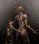  annie_leonhardt back-to-back blonde_hair blue_eyes breasts dual_persona emblem exposed_muscle female_titan gradient gradient_background highres jacket jason_peng jewelry medium_breasts military_police_brigade_(emblem) outstretched_arms paradis_military_uniform realistic ring shingeki_no_kyojin size_difference spoilers uniform 