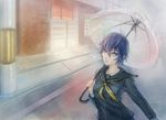  absurdres alternate_costume blue_eyes blue_hair highres persona persona_4 rain school_uniform serafuku shirogane_naoto short_hair solo umbrella unsomnus walking 