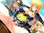  1girl angelica_rothschild areolae armor blonde_hair blush breasts censored elf embarrassed game_cg green_eyes highres himekishi_angelica ishigaki_takashi large_breasts legs long_hair looking_at_viewer masturbation nipples no_panties pointy_ears public pussy pussy_juice sitting skirt spread_legs sweat thighs wet white_legwear 