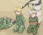  3girls afghanistan aiming ak-47 akm ammunition_pouch anya_(dutchko) assault_rifle bad_id bad_pixiv_id blonde_hair blood blood_on_face blue_eyes body_armor boots bound camouflage closed_eyes corpse dutchko execution grey_hair gun gun_to_head klmk_(camo) kneeling load_bearing_vest magazine_(weapon) military military_uniform multiple_girls original peril pouch rifle short_hair smoke smoking_gun soviet tears telnyashka terrorism terrorist tied_up uniform weapon 