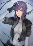  bob_cut bodysuit breasts cable cropped_jacket cyborg fingerless_gloves ghost_in_the_shell ghost_in_the_shell_stand_alone_complex gloves hand_in_hair highres kusanagi_motoko lips nose purple_hair red_eyes short_hair shoulder_pads skin_tight solo unsomnus 