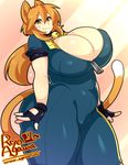  1girl agawa_ryou animal_ears bell bodysuit breasts cat_ears cat_tail cleavage female fingerless_gloves gloves huge_breasts long_hair looking_at_viewer orange_eyes orange_hair smile solo standing tail thick_thighs thighs 