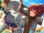  1girl angry armor ass ass_grab bent_over blush breasts brown_eyes brown_hair clenched_teeth clothed_sex cloud clouds game_cg gloves highres himekishi_angelica ishigaki_takashi knight long_hair looking_back medium_breasts panties panty_pull pillory ponytail public rape sex sky stocks teeth underwear vaginal 