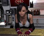  1girl 3d alcohol bar black_hair breasts brown_eyes cleavage earrings final_fantasy final_fantasy_vii fingerless_gloves gloves jewelry leaning_forward solo tank_top tifa_lockhart zafo 