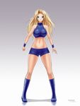  bike_shorts blonde_hair blue_eyes boots breasts clenched_hand full_body hair_down halter_top halterneck highres hybridmink knee_boots large_breasts long_hair metroid metroid_fusion midriff navel nintendo samus_aran solo standing wristband 