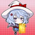  blue_dress blue_hair blush bow brooch capelet chibi choker construction_sign_(ole_tower) dress electric_sign_board_(ole_tower) eruru_(erl) gem hat hat_bow highres holographic_interface jewelry ole_tower red_background red_bow sash short_hair simple_background solo standing witch_hat 