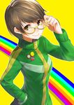  adjusting_eyewear badge brown_eyes brown_hair button_badge glasses hand_in_pocket jacket looking_at_viewer mikan_(chipstar182) persona persona_4 rainbow_background satonaka_chie short_hair smile smiley_face solo track_jacket upper_body yellow yellow-framed_eyewear 