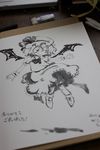  ascot bat_wings bloomers boots bow dated eraser flying hat hat_bow karaagetarou mechanical_pencil monochrome pencil photo remilia_scarlet ribbon short_hair signature smile tombow_mono touhou underwear wings wrist_cuffs 