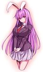  animal_ears blazer breasts bunny_ears extra_ears jacket jonylaser large_breasts long_hair necktie pleated_skirt purple_hair red_eyes red_neckwear reisen_udongein_inaba skirt smile solo touhou very_long_hair 