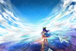  back blouse blue_hair boots bow cloud food from_behind fruit hand_on_hilt hat hinanawi_tenshi kanekiru long_hair paper_airplane peach reflection ripples salt_flats scenery skirt sky solo sword_of_hisou touhou walking walking_on_liquid water wide_shot 