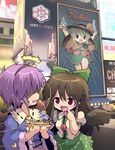  3girls :d brown_hair doutonbori drooling food green_eyes green_hair hat komeiji_koishi komeiji_satori kurodani_yamame kurogarasu long_hair mizuhashi_parsee multiple_girls open_mouth osaka_(city) purple_hair real_world_location red_eyes reiuji_utsuho short_hair smile surprised sweat takoyaki third_eye touhou translation_request wings 