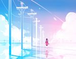  asahina_hiyori black_hair cable cloud highres kagerou_project lilya long_hair low_twintails power_lines reflection road_sign sign sky solo telephone_pole twintails 