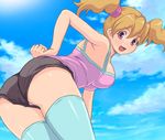  1girl ass bare_shoulders bent_over breasts brown_hair fresh_precure! from_behind kihaiu leaning leaning_forward long_hair looking_at_viewer medium_breasts momozono_love open_mouth panties pantyshot precure purple_eyes short_shorts shorts smile solo tank_top thighhighs twintails underwear upshorts 