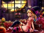  alternate_costume black_gloves black_legwear blonde_hair candy cat_pillow couch crescent dress flandre_scarlet food gloves glowing glowing_wings halloween halloween_costume hat high_heels jack-o'-lantern licking lollipop looking_at_viewer mismatched_gloves mismatched_legwear pink_dress puffy_short_sleeves puffy_sleeves red_eyes shironeko_yuuki short_sleeves side_ponytail smile solo star striped striped_legwear thighhighs tongue tongue_out touhou white_gloves wings witch_hat zettai_ryouiki 