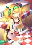  ;d apron blazblue blonde_hair bow casual green_eyes gurasion_(gurasion) hair_bow hair_ribbon hairband long_hair looking_at_viewer mittens one_eye_closed open_mouth platinum_the_trinity ribbon smile solo two_side_up 