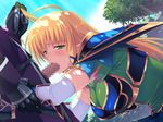  1girl angelica_rothschild armor blonde_hair blush breasts censored cloud clouds elbow_gloves elf fellatio game_cg gloves green_eyes hair_grab highres himekishi_angelica ishigaki_takashi large_breasts long_hair looking_at_viewer oral penis pointy_ears shoulder_pads sky squatting standing tree trees 