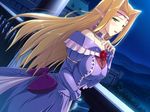  1girl bare_shoulders blonde_hair blush breasts castle christina_rothschild dress elf game_cg green_eyes highres himekishi_angelica ishigaki_takashi large_breasts long_hair looking_at_viewer milf night open_mouth pointy_ears sky solo standing star stars 