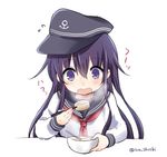  akatsuki_(kantai_collection) anchor anchor_symbol bowl chopsticks daikon eating food hair_between_eyes hat ica kantai_collection long_hair long_sleeves messy_hair neckerchief oden open_mouth purple_eyes purple_hair red_neckwear school_uniform serafuku solo steam sweatdrop twitter_username white_background 