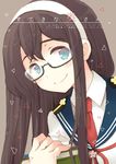  aki_eda black_hair blush cover cover_page doujin_cover glasses hairband kantai_collection long_hair looking_at_viewer ooyodo_(kantai_collection) school_uniform serafuku smile solo translated white_hairband 