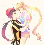  :d alternate_costume bad_id bad_pixiv_id baseball_cap belt belt_pouch bishoujo_senshi_sailor_moon black_hair blonde_hair casual colored_stripes couple crescent crescent_earrings crossdressing double_bun drill_hair earrings from_side hand_on_another's_shoulder happy hat holding hug jewelry katou_sami lifting long_hair looking_at_another low_ponytail multiple_girls open_mouth ponytail pouch profile puffy_short_sleeves puffy_sleeves reverse_trap seiya_kou shirt short_shorts short_sleeves shorts side_slit simple_background smile star striped striped_shirt t-shirt tsukino_usagi turtleneck twintails vertical_stripes very_long_hair white_background yuri 