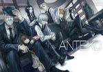  5boys arms_up black_hair blonde_hair brown_eyes brown_hair cigar eyepatch formal fueguchi_hinami glasses hat infukun irimi_kaya kaneki_ken kirishima_touka kneeling koma_enji multiple_boys multiple_girls necktie nishio_nishiki sitting suit tokyo_ghoul trench_coat waiter waitress white_hair yomo_renji yoshimura_(tokyo_ghoul) 