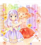  ^_^ bad_id bad_pixiv_id blue_eyes blush braid closed_eyes dress flower gochuumon_wa_usagi_desu_ka? hair_ornament hair_ribbon hairclip highres hoto_cocoa hug kafuu_chino long_hair multiple_girls open_mouth orange_hair purple_hair ribbon sandals shiro_usagi_(huwa-huwa-flower) short_hair skirt smile socks x_hair_ornament 