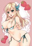  bikini blonde_hair blue_eyes blush boku_wa_tomodachi_ga_sukunai breasts bursting_breasts butterfly_hair_ornament hair_ornament highres kashiwazaki_sena large_breasts len_togarti long_hair micro_bikini nipple_slip nipples open_mouth side-tie_bikini solo strawberry_pocky string_bikini swimsuit 