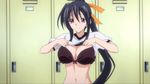  1girl animated animated_gif black_hair bouncing_breasts bra breasts dressing gym_uniform high_school_dxd himejima_akeno large_breasts locker locker_room long_hair ponytail purple_eyes smile solo standing underwear 