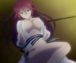  asami_lilith bikini blue_eyes breasts cleavage hands_on_own_chest japanese_clothes kimono large_breasts long_hair looking_at_viewer lying navel on_floor open_clothes open_clothesghs red_hair screencap swimsuit tatami_mat trinity_seven wafuku yukata 