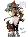  arms_behind_back banned_artist bare_shoulders feathers gloves glue_gun_(ole_tower) hat hat_feather light_brown_hair long_hair nacht ole_tower orange_eyes ponytail profile sidelocks simple_background solo white_background white_gloves 