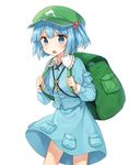  backpack bad_id bad_twitter_id bag blue_eyes blue_hair blush hair_bobbles hair_ornament hat kawashiro_nitori key long_sleeves looking_at_viewer open_mouth shinoba shirt short_hair simple_background skirt solo touhou two_side_up vest white_background 