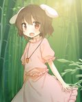  animal_ears bad_id bad_twitter_id bamboo bamboo_forest black_hair blush bunny_ears bunny_tail carrot carrot_necklace forest highres inaba_tewi jewelry light looking_at_viewer nature necklace open_mouth pendant puffy_sleeves red_eyes shinoba shirt short_hair short_sleeves skirt smile solo tail touhou vest 