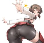  ass bike_shorts breasts brown_eyes brown_hair from_behind hair_between_eyes hip_attack ipuu_(el-ane_koubou) kantai_collection looking_at_viewer looking_back one_eye_closed outstretched_arms panties_under_bike_shorts pantylines short_hair sideboob simple_background small_breasts solo spread_arms star taihou_(kantai_collection) thighs trefoil white_background 
