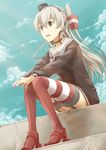  :d absurdres amatsukaze_(kantai_collection) bad_id bad_pixiv_id blue_sky brown_dress brown_eyes choker day dress garter_straps hair_tubes hands_on_own_knees headgear high_heels highres kantai_collection knees_together_feet_apart long_hair long_sleeves max_melon neckerchief open_mouth red_legwear sailor_collar sailor_dress silver_hair sitting sky smile solo striped striped_legwear thighhighs two_side_up 