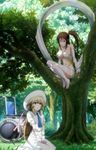  2girls breasts brown_eyes brown_hair dress gloves hat highres large_breasts multiple_girls sekirei sitting smile stitched tree uzume wheelchair white_dress white_hat 