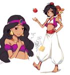  abu_(aladdin) aladdin_(character) aladdin_(disney) apple barefoot blush bracelet earrings english food fruit genderswap genderswap_(mtf) genie_(aladdin) jewelry long_hair midriff monkey multiple_girls navel patch short_hair 