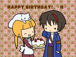  :&lt; ^_^ animal animal_on_head apron armband blonde_hair brown_hair cake cat cat_on_head chibi closed_eyes coat cravat diana_(umineko) food hand_behind_head happy_birthday kashiwa_kiseri multicolored_hair multiple_boys on_head ponytail streaked_hair two-tone_hair umineko_no_naku_koro_ni ushiromiya_lion willard_h_wright 