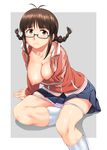  akizuki_ritsuko antenna_hair blush braid breast_slip breasts brown_eyes brown_hair glasses idolmaster idolmaster_(classic) inu_(aerodog) jacket large_breasts nipples one_breast_out open_clothes open_jacket panties panty_pull semi-rimless_eyewear short_hair sitting skirt solo track_jacket twin_braids underwear 