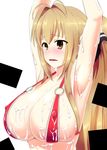  1girl amagi_brilliant_park antenna_hair armpits bikini blush breasts brown_hair bukkake censored cleavage cum cum_on_body cum_on_breasts cum_on_hair cum_on_upper_body erect_nipples hair_ribbon highres huge_breasts large_breasts long_hair micro_bikini o-ring_top open_mouth ponytail red_bikini ribbon sento_isuzu skindentation solo sperm swimsuit 