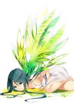  black_hair blue_eyes breasts dress leaf long_hair looking_up lying on_stomach saya saya_no_uta sideboob small_breasts smile solo uminekoritorubasuta-zu white_background wings 