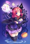  black_gloves blush breasts cape cleavage crescent_moon dancing_stars_on_me! demon_tail elbow_gloves fake_wings ghost gloves halloween head_wings jack-o'-lantern large_breasts looking_at_viewer love_live! love_live!_school_idol_project moon nishikino_maki one_eye_closed paw_pose purple_eyes red_hair riv short_hair smile solo tail thighhighs wings zettai_ryouiki 