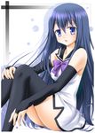  bare_shoulders blue_eyes blue_hair bridal_gauntlets gokukoku_no_brynhildr kuroha_neko long_hair miki_meguri sailor_collar sitting solo thighhighs very_long_hair 