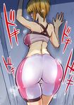  1girl against_wall ass back backboob bare_shoulders bike_shorts blue_eyes blush breasts brown_hair erect_nipples female from_behind gundam gundam_build_fighters gundam_build_fighters_try hoshino_fumina large_breasts long_hair looking_back ponytail rikosyegou shiny shiny_clothes shiny_skin solo sports_bra sweat tank_top thigh_strap 