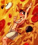  bad_id bad_tumblr_id black_hair blush breasts cheese_trail food full-face_blush highres lying minigirl mushroom olive on_back original oversized_clothes pepperoni pizza polyle roni_rollerblader short_hair shorts small_breasts smile solo suspenders topless 